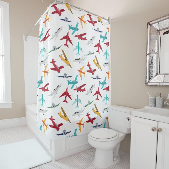 Colourful Aeroplanes Pattern Kids Bathroom Shower Curtain (In Situ)