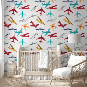 Colourful Aeroplanes Pattern Kids Bedroom Wallpaper