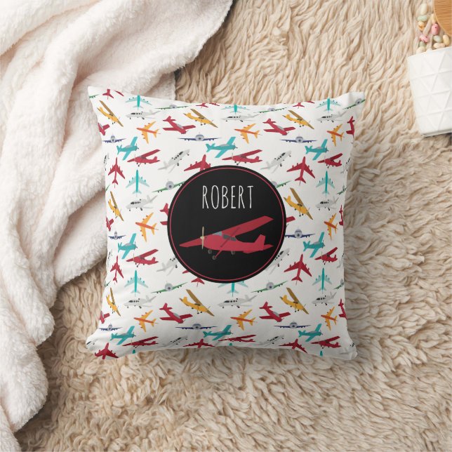Colourful Aeroplanes Pattern Kids Custom Name Cushion (Blanket)