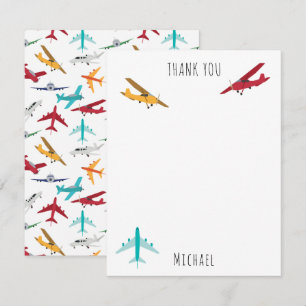 Colourful Aeroplanes Pattern Kids Custom Name Thank You Card