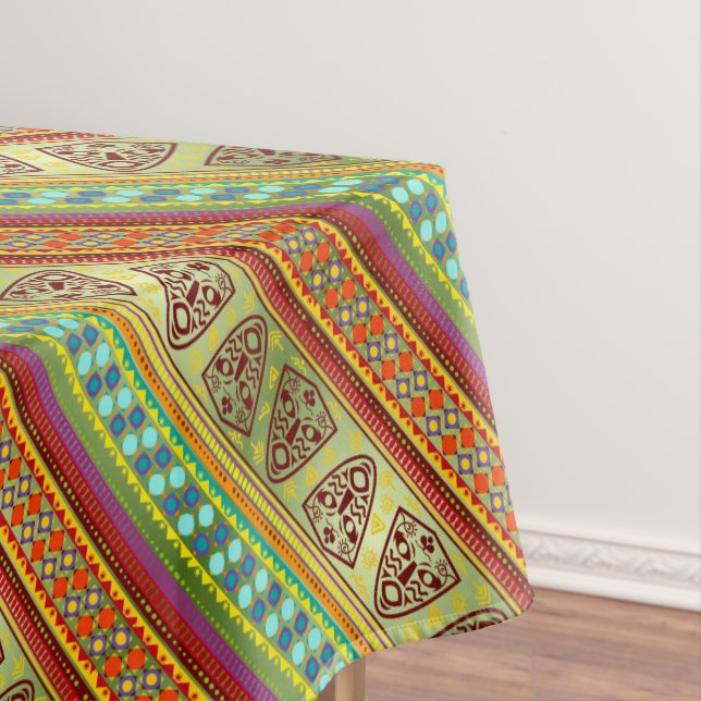 Colourful African Masks Stripe Kente Pattern Tablecloth (In Situ)