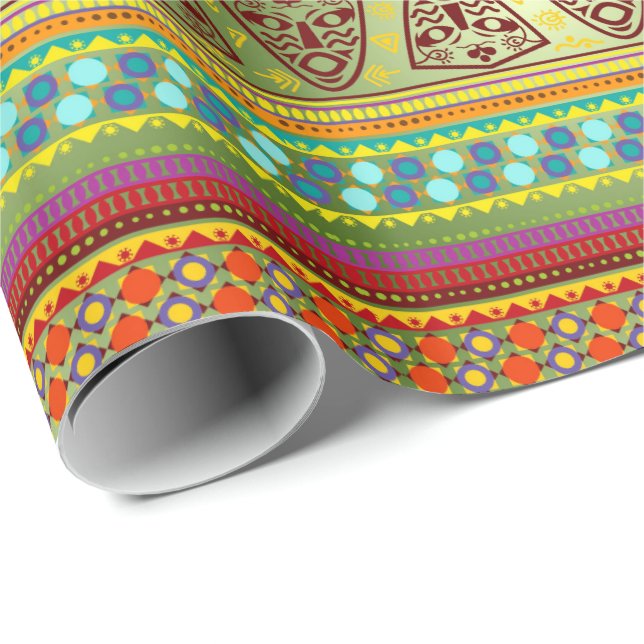 Colourful African Masks Stripe Kente Pattern Wrapping Paper (Roll Corner)