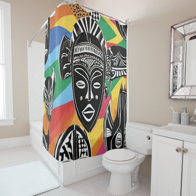 Colourful African Masks Tribal Shower Curtain (In Situ)