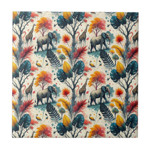 Colourful African Safari Jungle Wild Animal Patter Ceramic Tile