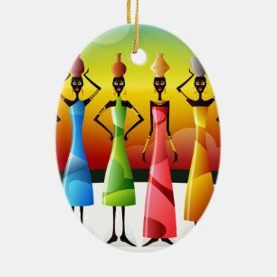 Colourful African Women with Vessels Ceramic Tree Decoration