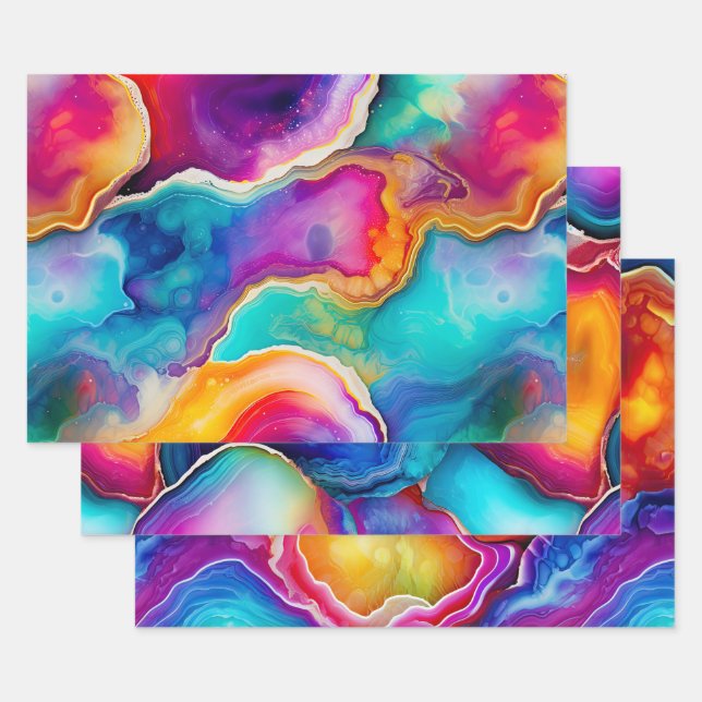 Colourful Agate Abstract with Swirling Layers Wrapping Paper Sheet (Set)