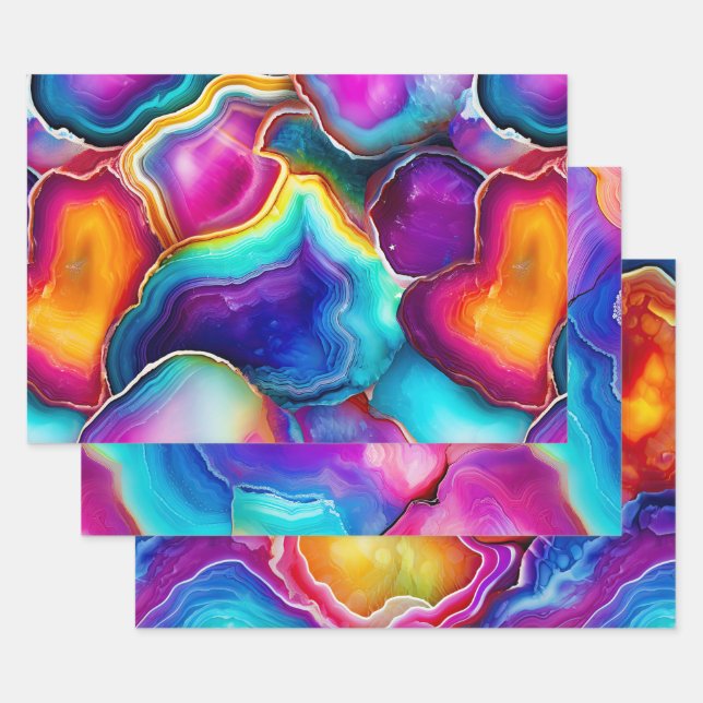 Colourful Agate Abstract with Swirling Layers Wrapping Paper Sheet (Set)