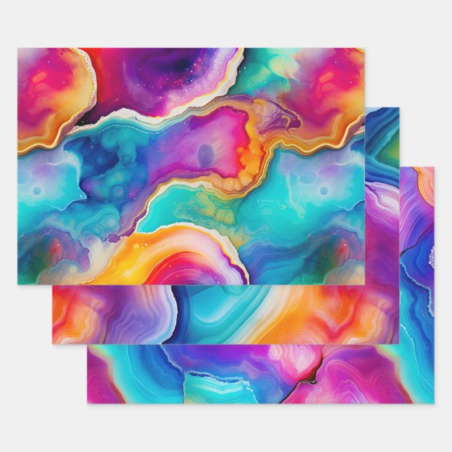 Colourful Agate Abstract with Swirling Layers Wrapping Paper Sheet (Set)