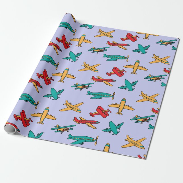 colourful Airplane Pattern Purple Background Wrapping Paper (Unrolled)
