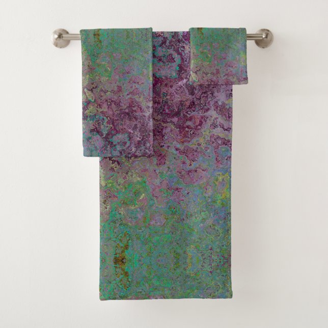 Colourful Alcohol Ink, Green and Burgundy Abstract Bath Towel Set (Insitu)