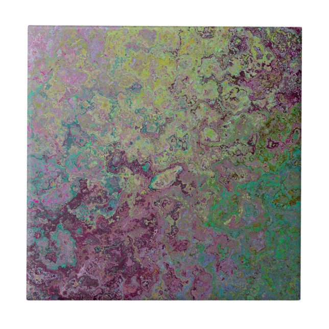 Colourful Alcohol Ink, Green and Burgundy Abstract Ceramic Tile (Front)