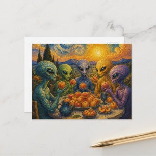 Colourful Aliens With Peaches Faux Van Gogh Postcard