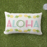 Colourful Aloha Pineapple Tropical Lumbar Cushion<br><div class="desc">Say Aloha to summer with this fun tropical lumbar pillow featuring bold, colourful Aloha lettering in pink, aqua, and green, bordered by rows of cheerful yellow pineapples on a clean white background. The playful, retro-inspired typography and fruit motifs bring instant vacation vibes to any patio, porch swing, or outdoor lounge...</div>