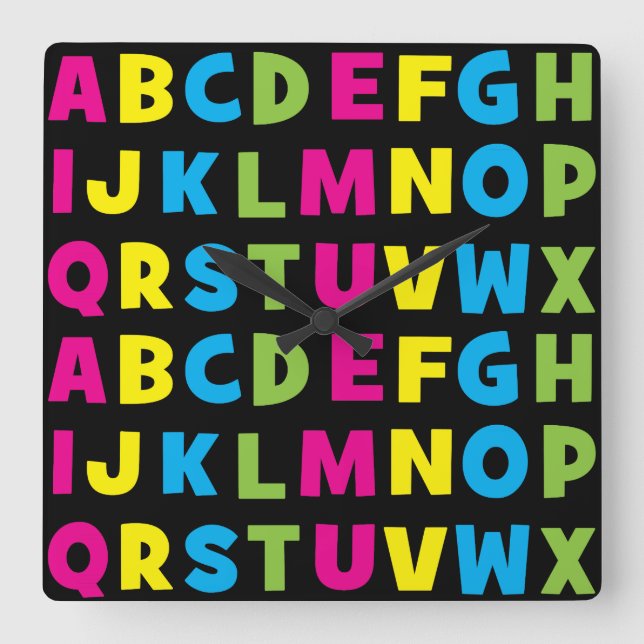 Colourful Alphabet A To Z Square Wall Clock (Front)
