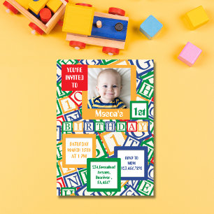 Colourful Alphabet Blocks Photo First Birthday Invitation