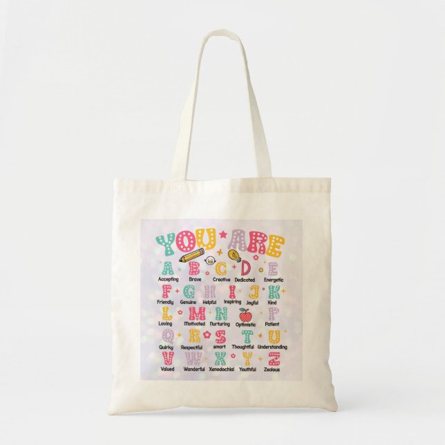 Colourful Alphabet Positive Text Back to School Tote Bag (Front)