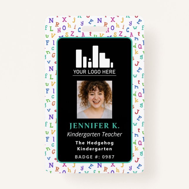 Colourful Alphabet Teacher Photo & Logo ID Badge (Front)