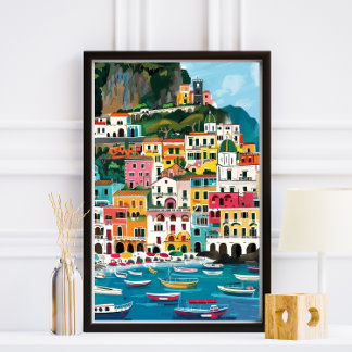 Colourful Amalfi Coast Beach Illustration Photo Print