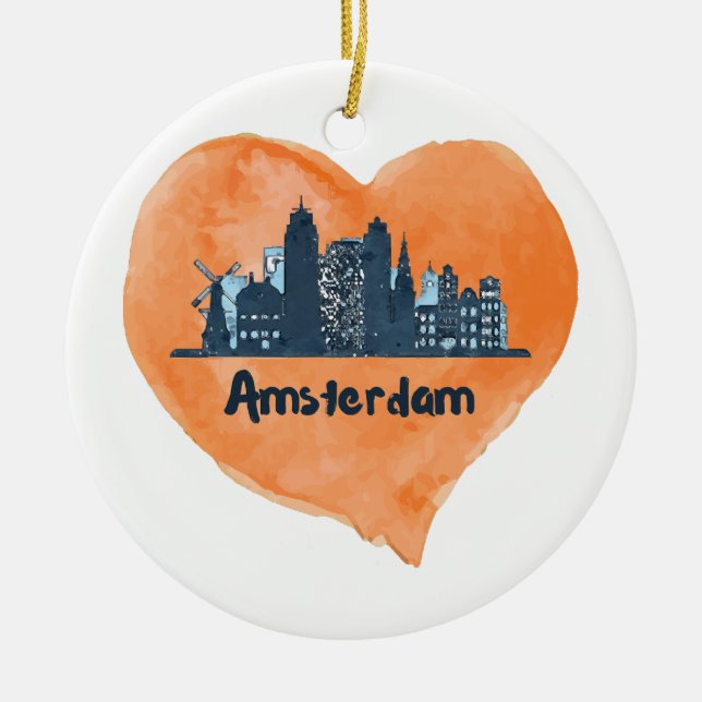 Colourful Amsterdam City Skyline Watercolor Heart  Ceramic Ornament (Front)