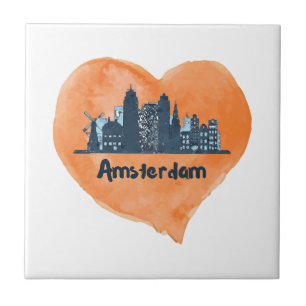 Colourful Amsterdam City Skyline Watercolor Heart Ceramic Tile