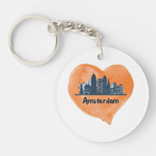 Colourful Amsterdam City Skyline Watercolor Heart Key Ring