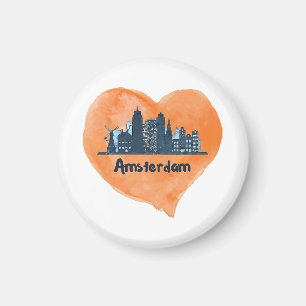 Colourful Amsterdam City Skyline Watercolor Heart Magnet