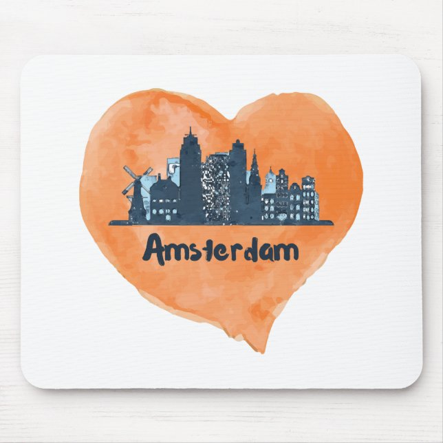 Colourful Amsterdam City Skyline Watercolor Heart  Mouse Pad (Front)