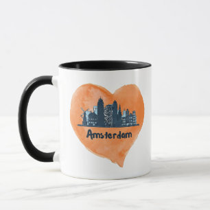 Colourful Amsterdam City Skyline Watercolor Heart Mug