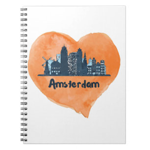 Colourful Amsterdam City Skyline Watercolor Heart Notebook