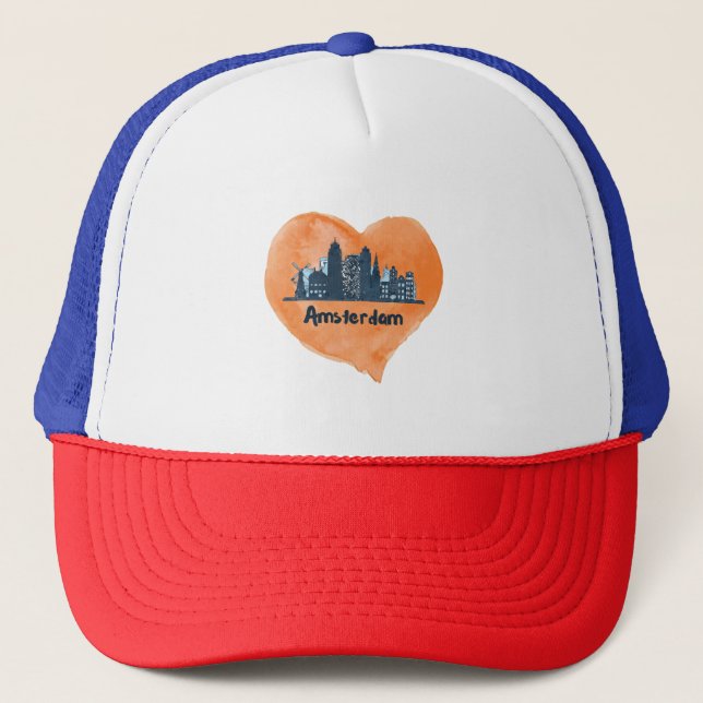 Colourful Amsterdam City Skyline Watercolor Heart  Trucker Hat (Front)