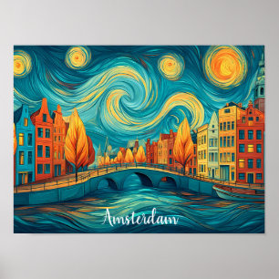 Colourful Amsterdam Holland Canal Oil Painting Poster