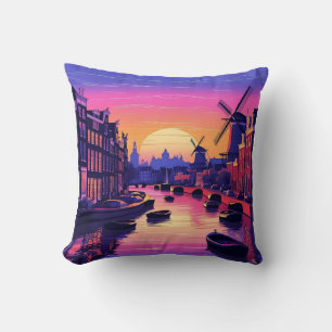 Colourful Amsterdam Sunset – Dutch Canal & Windmil Cushion