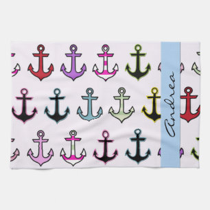Colourful Anchors, Pattern Of Anchors, Your Name Tea Towel