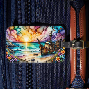 Colourful Ancient Shipwreck Beach Flowers and Sky Luggage Tag