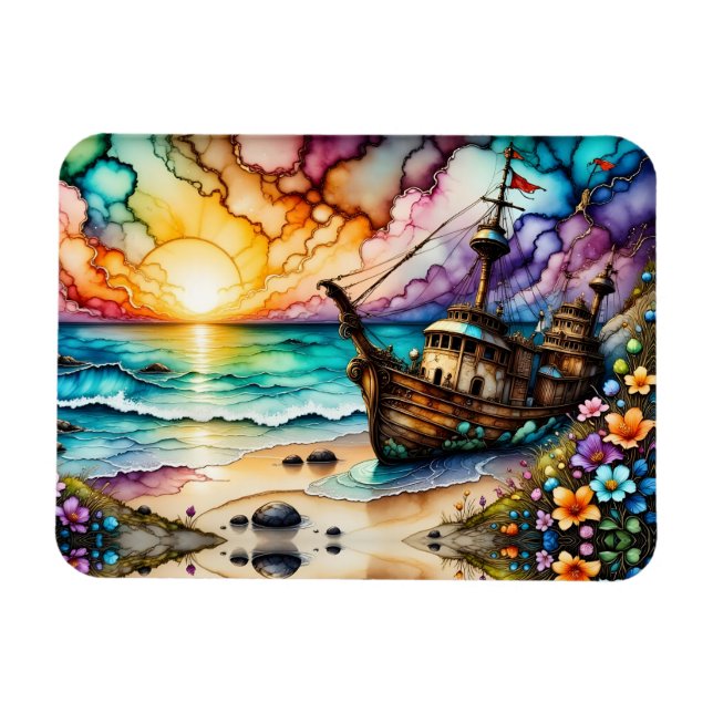 Colourful Ancient Shipwreck Beach Flowers and Sky  Magnet (Horizontal)