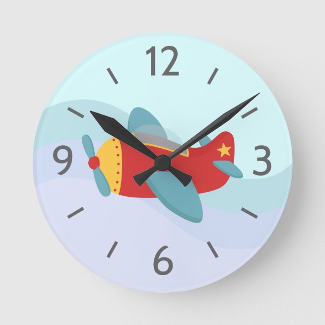 Colourful and adorable aeroplane for boy's room round clock (Front)