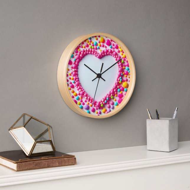 Colourful and cute cute heart pink colour circle clock (Office)