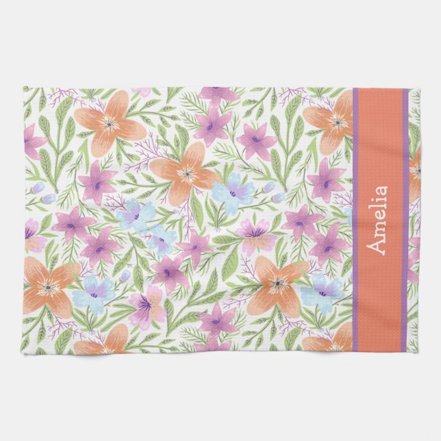 Colourful and Cute Pastel Floral Pattern Name Tea Towel (Horizontal)