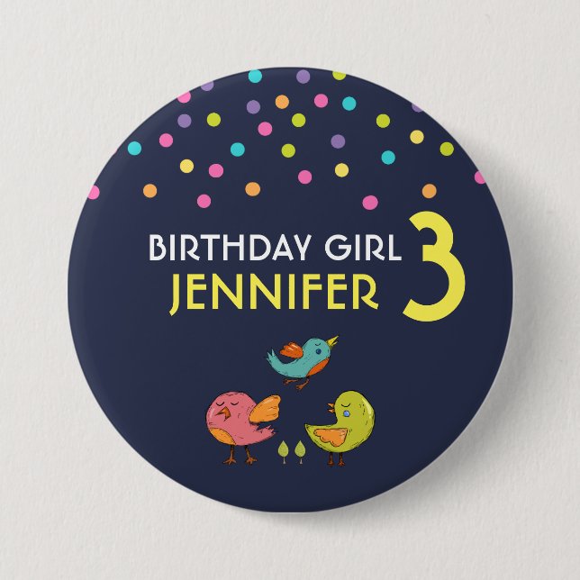 Colourful and Cute Whimsical Birds Birthday Girl 7.5 Cm Round Badge (Front)