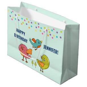 Colourful and Cute Whimsical Birds Trio Birthday Large Gift Bag