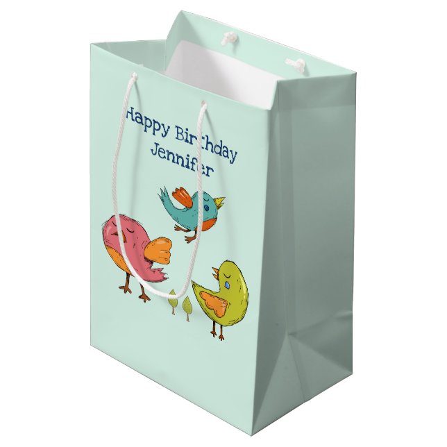 Colourful and Cute Whimsical Birds Trio Birthday Medium Gift Bag (Front Angled)