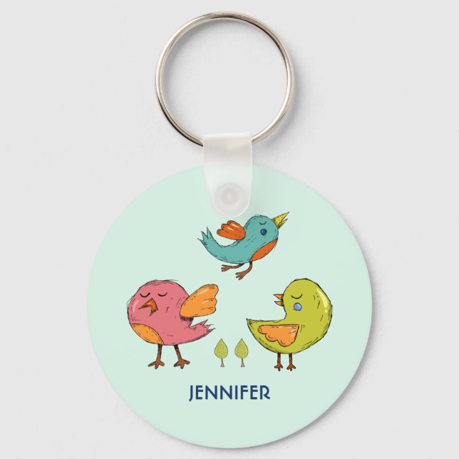 Colourful and Cute Whimsical Birds Trio Key Ring (Front)