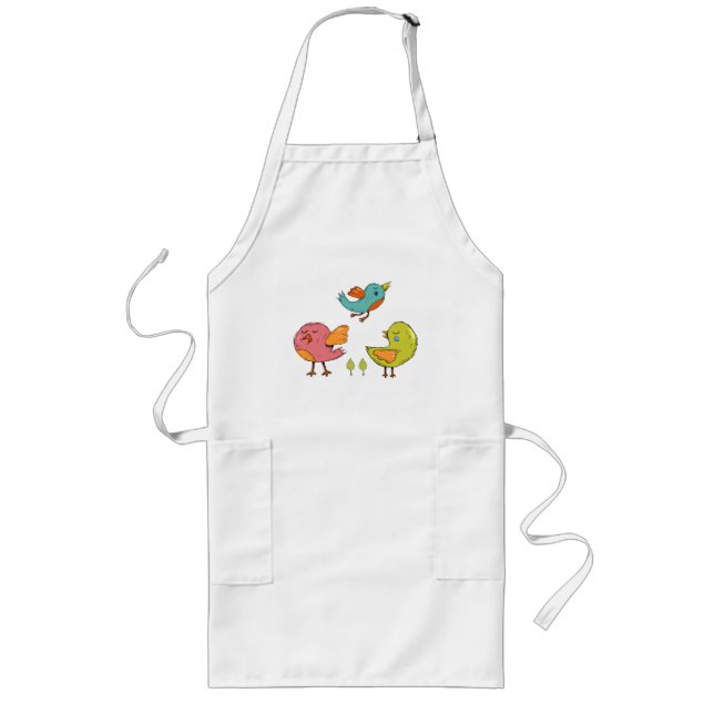 Colourful and Cute Whimsical Birds Trio Long Apron (Front)