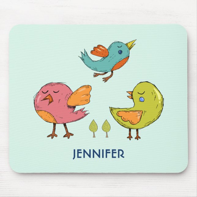 Colourful and Cute Whimsical Birds Trio Mouse Pad (Front)