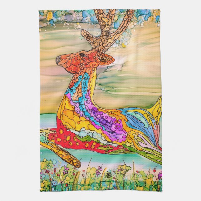 Colourful and Festive Christmas Deer  Kitchen Towe Tea Towel (Vertical)