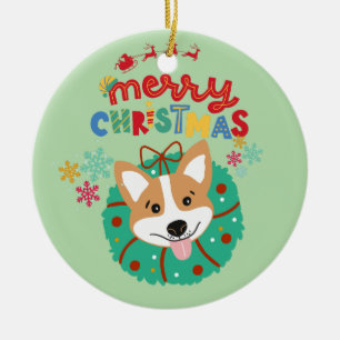 Colourful and Festive Merry Christmas Husky Dog  Ceramic Ornament