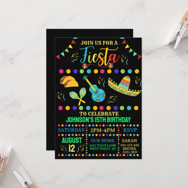 Colourful and Fun Mexican Fiesta Birthday Invitation (Front/Back In Situ)