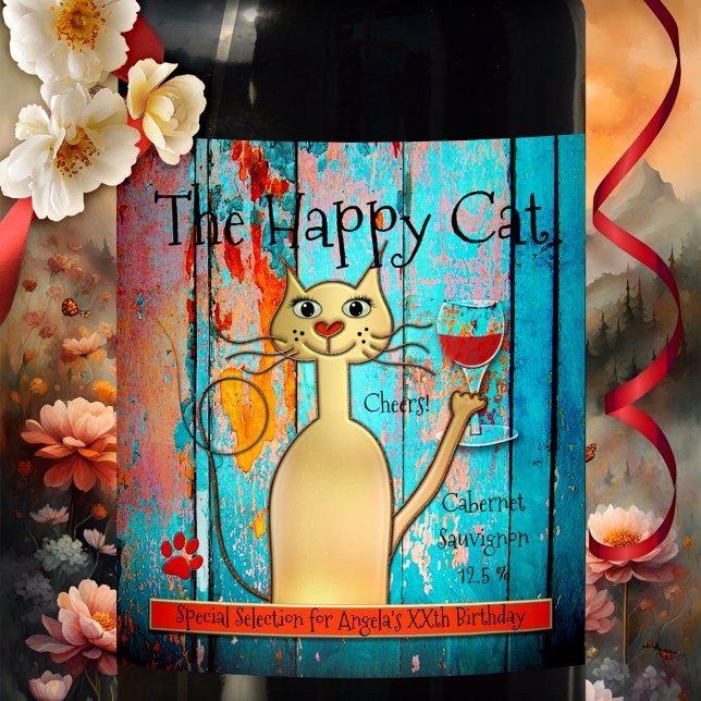 Colourful and Funny Happy Cat Custom Wine Label (Cute and funny wine label featuring a gold stylized cat toasting on colorful rustic wood - birthday)