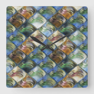 Colourful and polished tiles made of wood or stone square wall clock