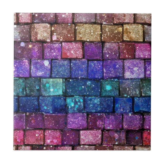 Colourful and Sparkly Brick Pattern Ceramic Tile (Front)